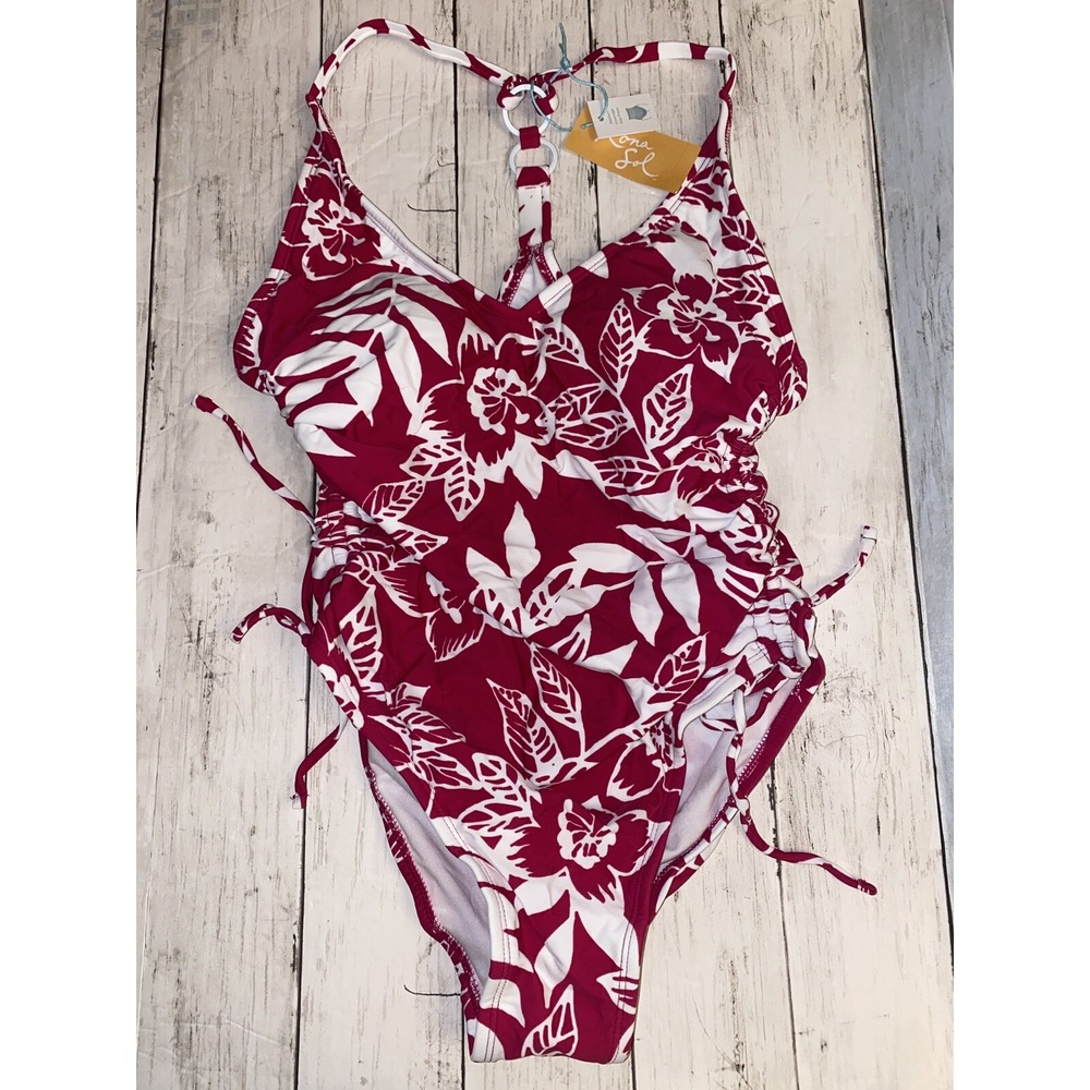Kona Sol Swimsuit‎ Women's Small Pink Floral Med Coverage Side Tie One Piece NEW